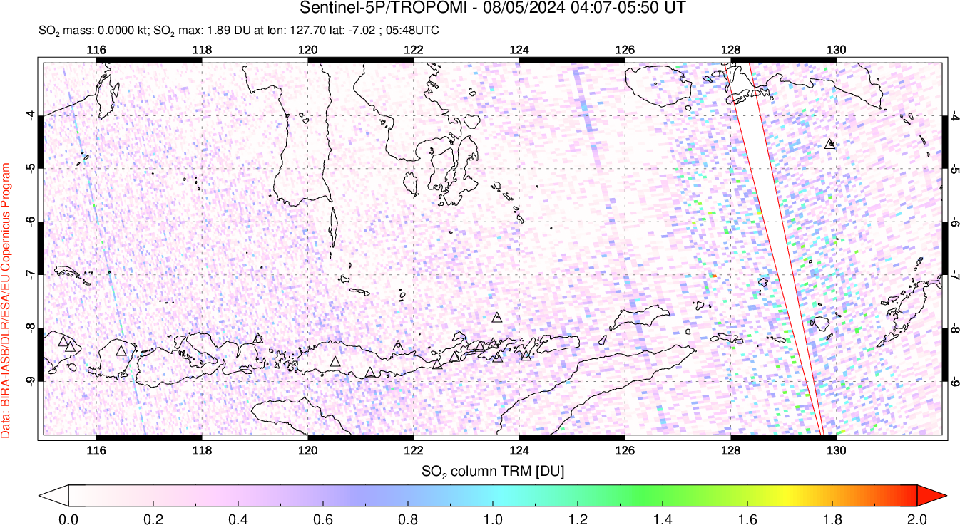 A sulfur dioxide image over Lesser Sunda Islands, Indonesia on Aug 05, 2024.