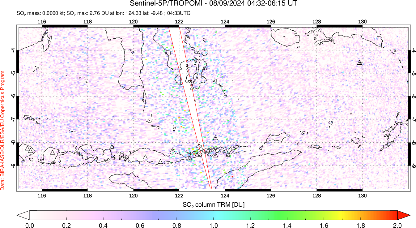 A sulfur dioxide image over Lesser Sunda Islands, Indonesia on Aug 09, 2024.