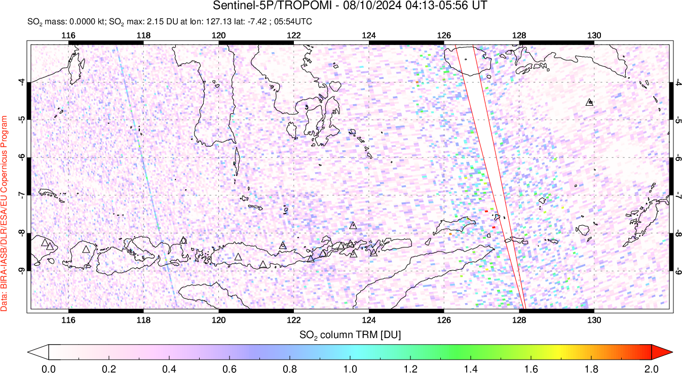 A sulfur dioxide image over Lesser Sunda Islands, Indonesia on Aug 10, 2024.