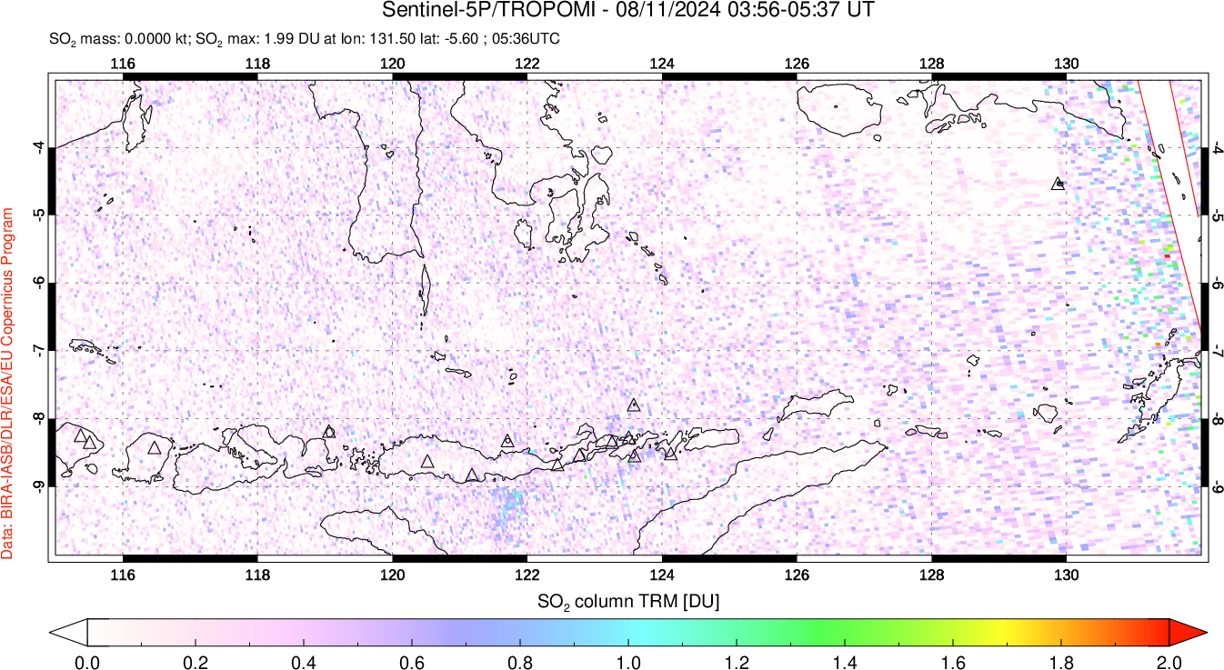 A sulfur dioxide image over Lesser Sunda Islands, Indonesia on Aug 11, 2024.