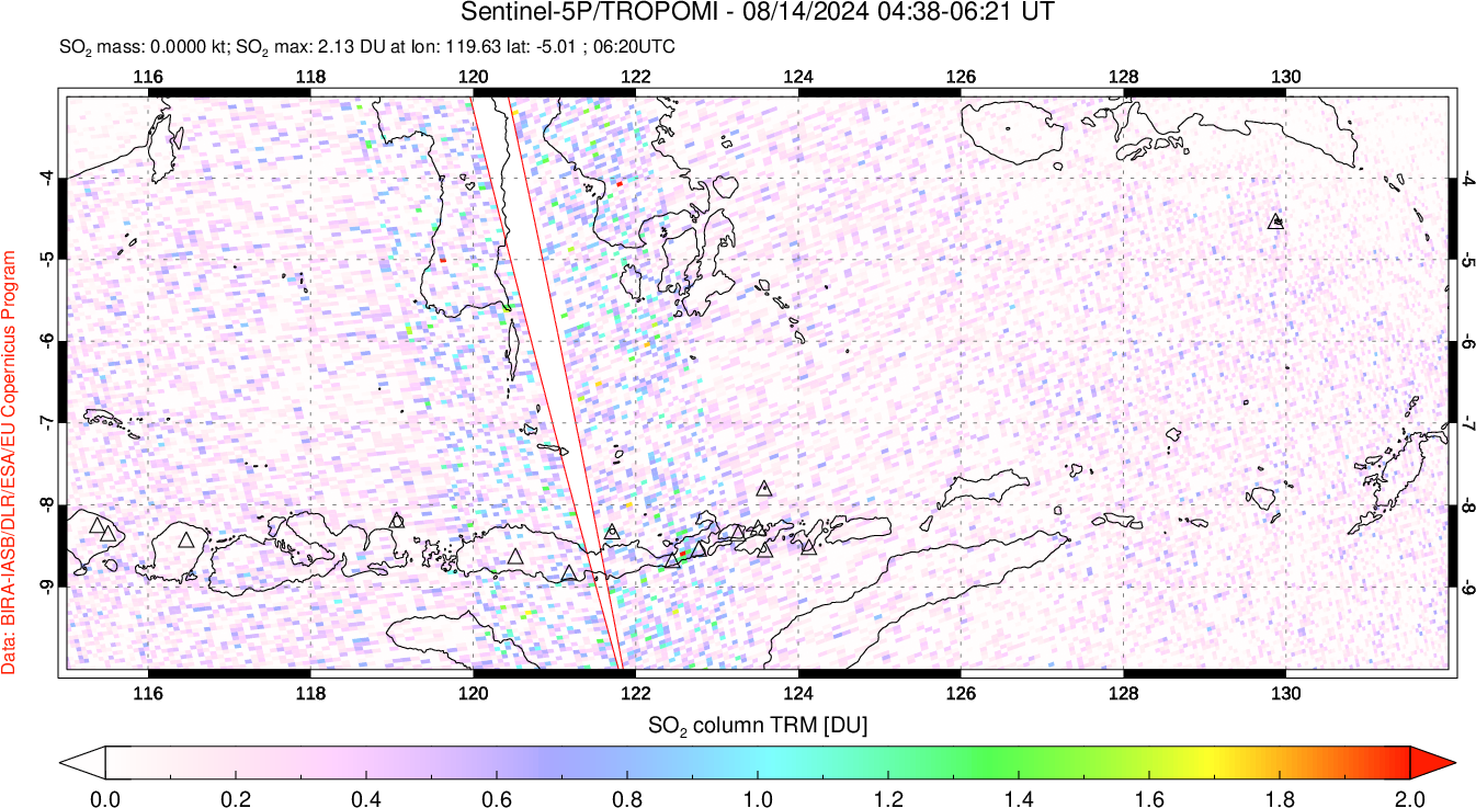 A sulfur dioxide image over Lesser Sunda Islands, Indonesia on Aug 14, 2024.