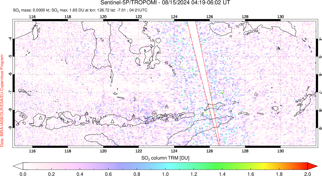 A sulfur dioxide image over Lesser Sunda Islands, Indonesia on Aug 15, 2024.