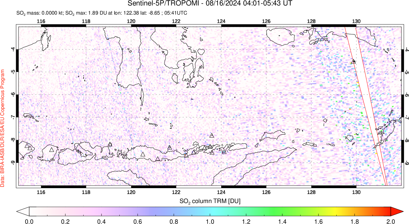 A sulfur dioxide image over Lesser Sunda Islands, Indonesia on Aug 16, 2024.