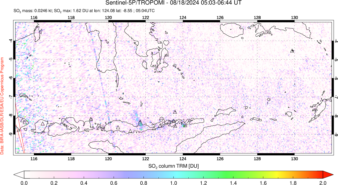 A sulfur dioxide image over Lesser Sunda Islands, Indonesia on Aug 18, 2024.