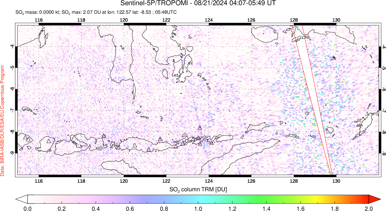 A sulfur dioxide image over Lesser Sunda Islands, Indonesia on Aug 21, 2024.