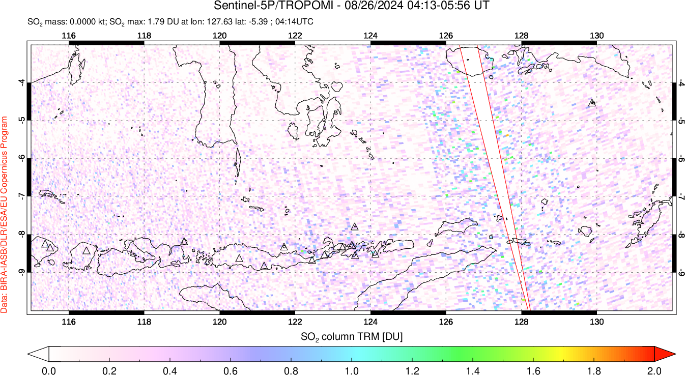 A sulfur dioxide image over Lesser Sunda Islands, Indonesia on Aug 26, 2024.