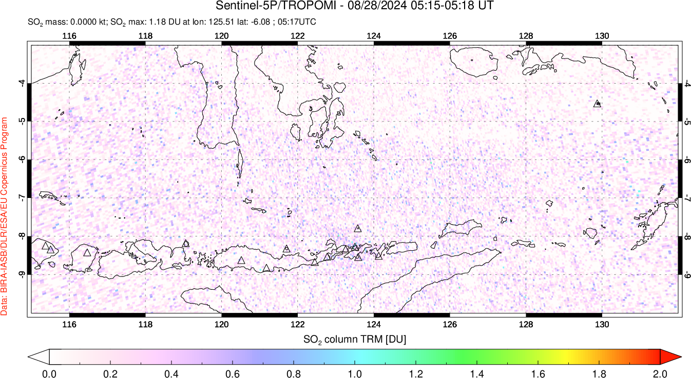 A sulfur dioxide image over Lesser Sunda Islands, Indonesia on Aug 28, 2024.