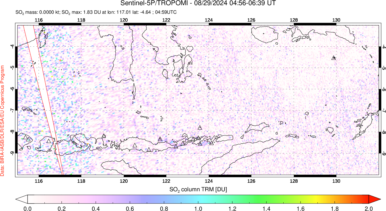 A sulfur dioxide image over Lesser Sunda Islands, Indonesia on Aug 29, 2024.