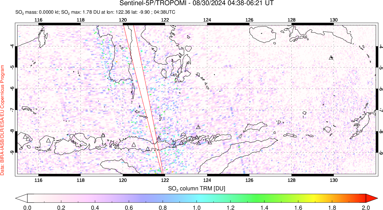 A sulfur dioxide image over Lesser Sunda Islands, Indonesia on Aug 30, 2024.