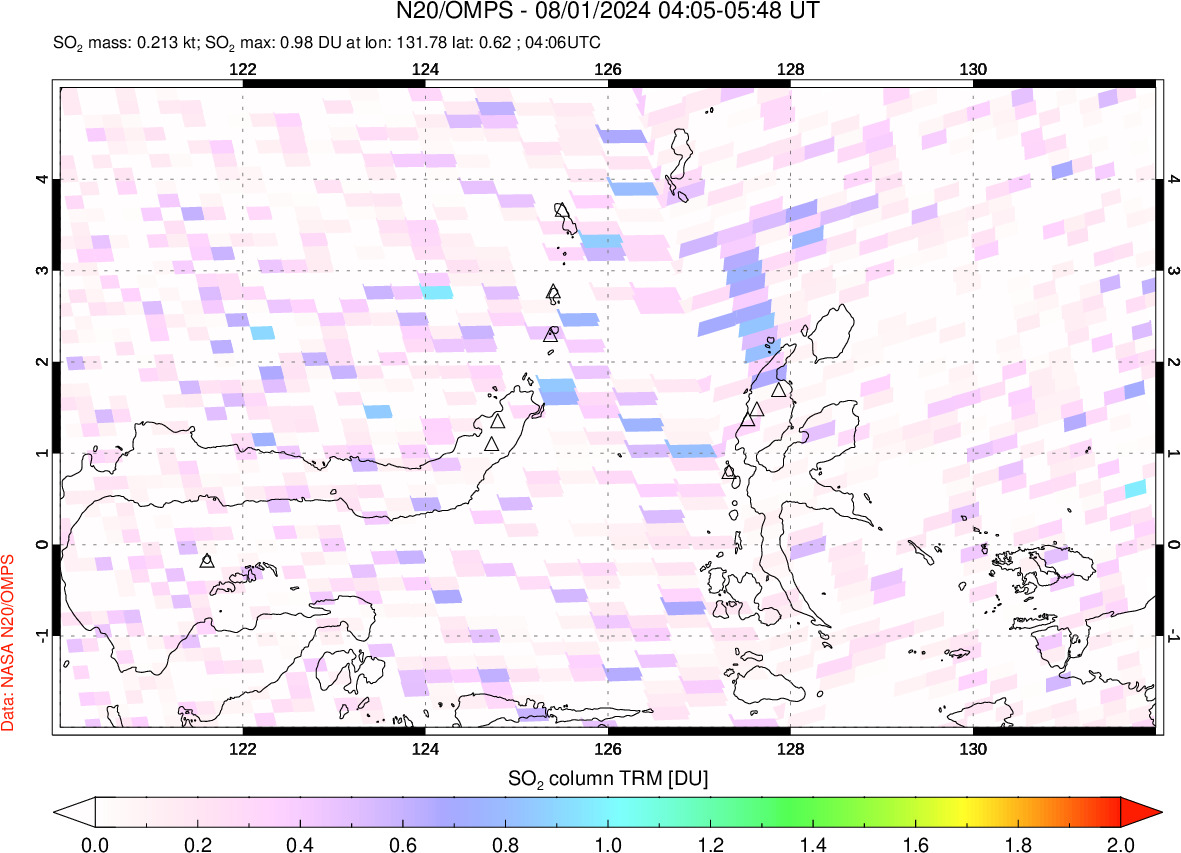 A sulfur dioxide image over Northern Sulawesi & Halmahera, Indonesia on Aug 01, 2024.