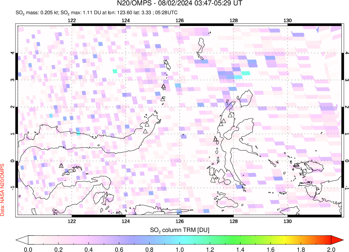 A sulfur dioxide image over Northern Sulawesi & Halmahera, Indonesia on Aug 02, 2024.