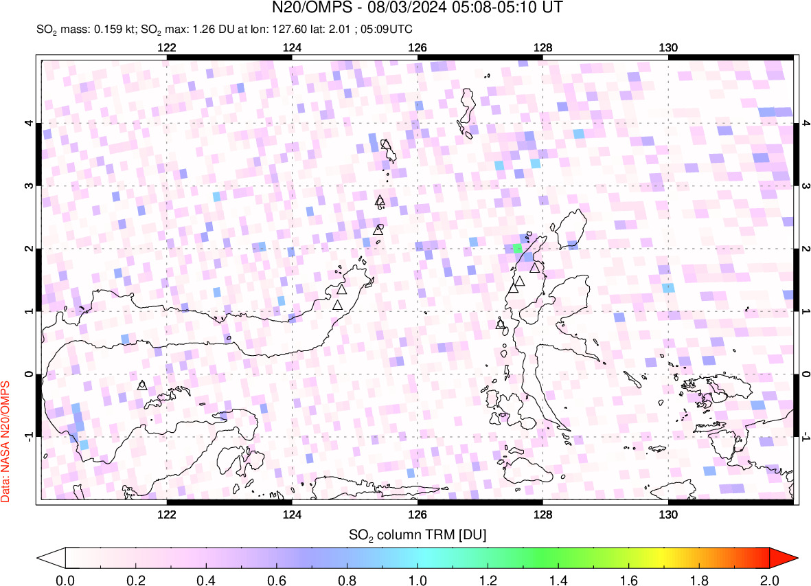 A sulfur dioxide image over Northern Sulawesi & Halmahera, Indonesia on Aug 03, 2024.