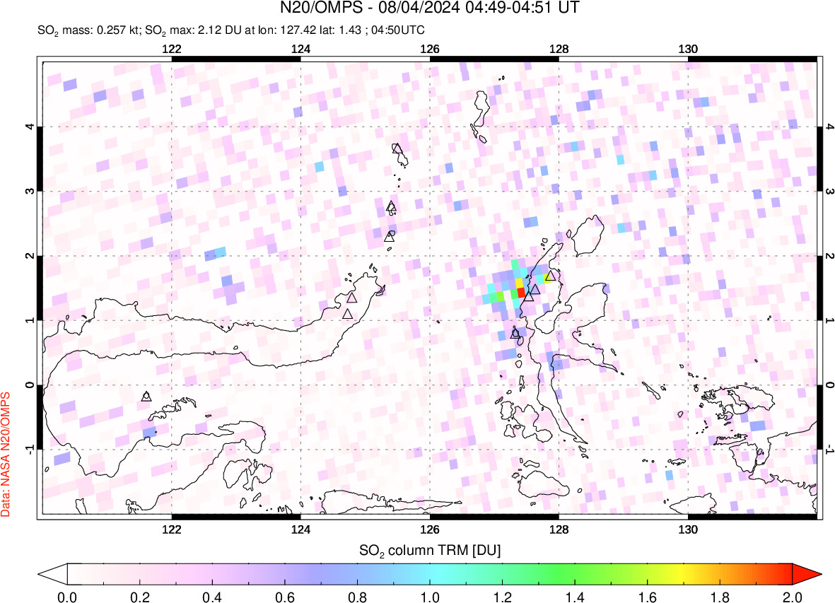 A sulfur dioxide image over Northern Sulawesi & Halmahera, Indonesia on Aug 04, 2024.