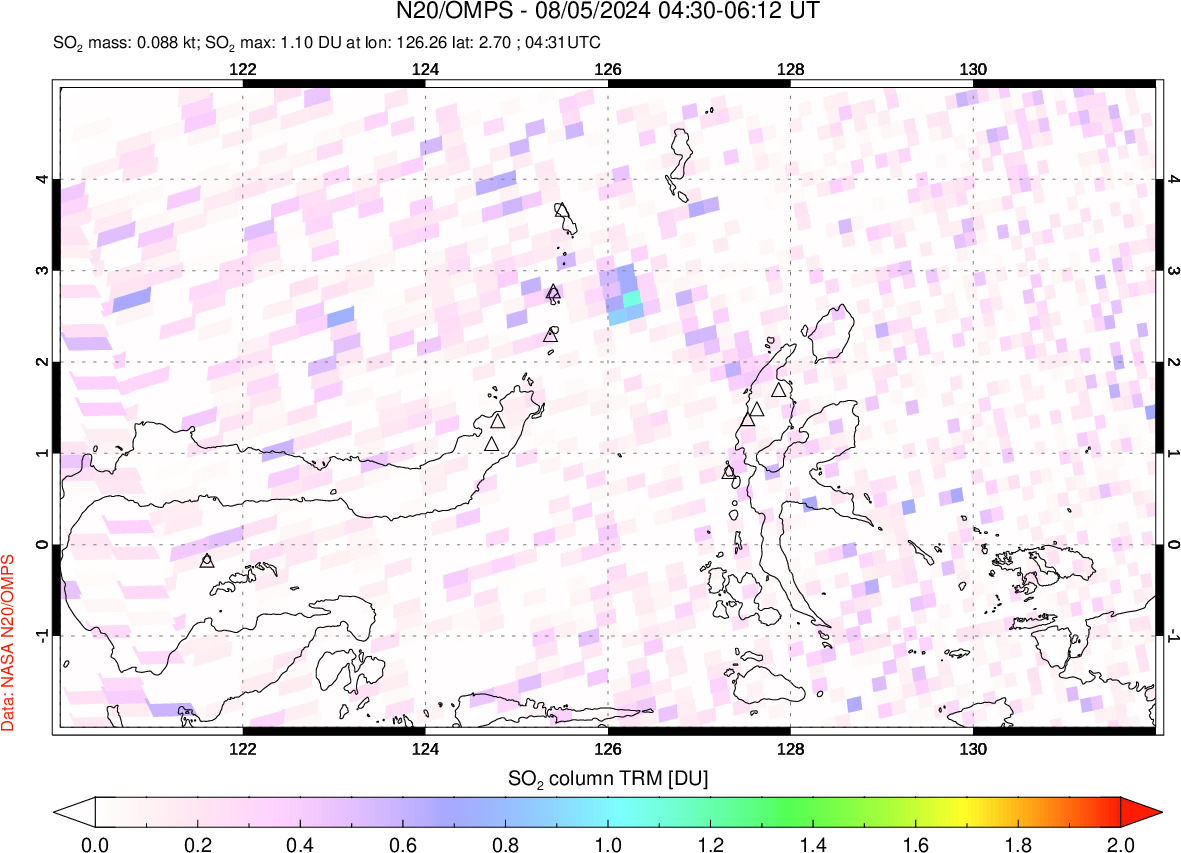 A sulfur dioxide image over Northern Sulawesi & Halmahera, Indonesia on Aug 05, 2024.