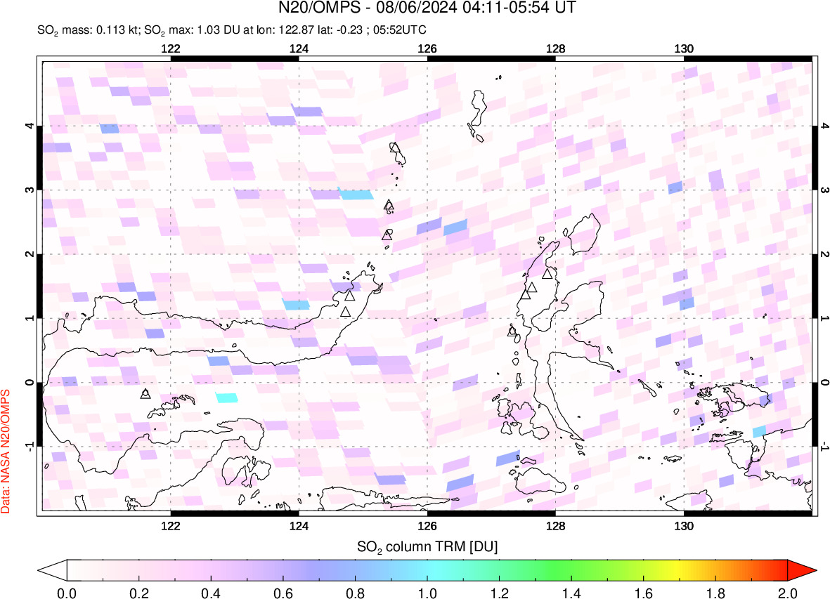 A sulfur dioxide image over Northern Sulawesi & Halmahera, Indonesia on Aug 06, 2024.