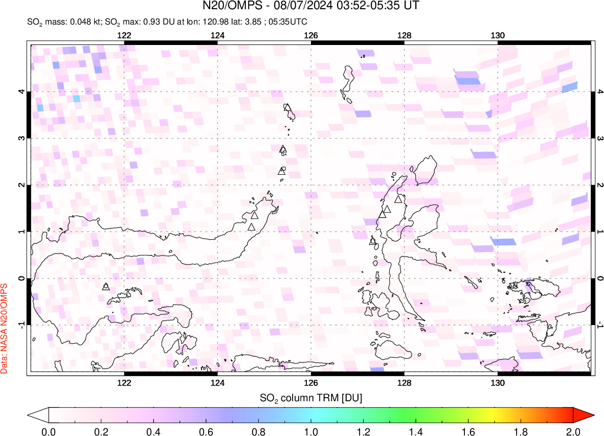 A sulfur dioxide image over Northern Sulawesi & Halmahera, Indonesia on Aug 07, 2024.