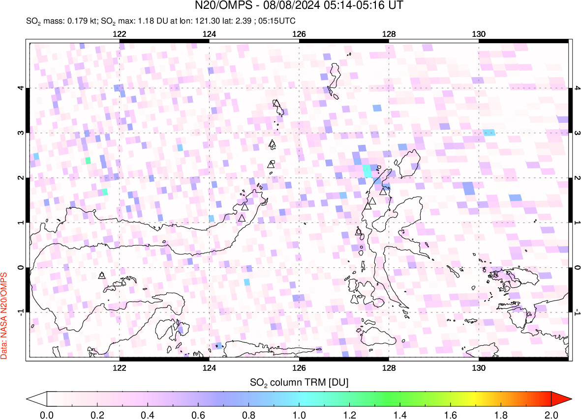 A sulfur dioxide image over Northern Sulawesi & Halmahera, Indonesia on Aug 08, 2024.