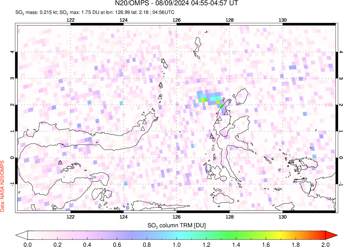 A sulfur dioxide image over Northern Sulawesi & Halmahera, Indonesia on Aug 09, 2024.