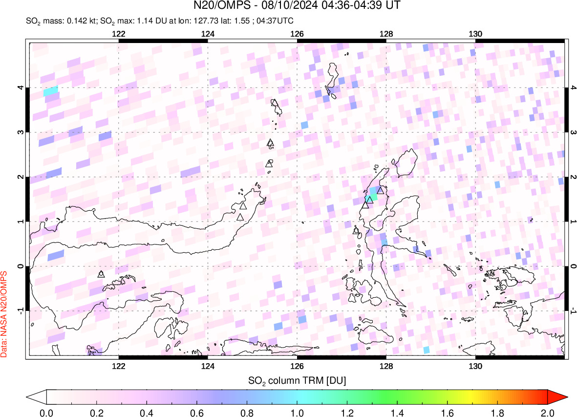 A sulfur dioxide image over Northern Sulawesi & Halmahera, Indonesia on Aug 10, 2024.