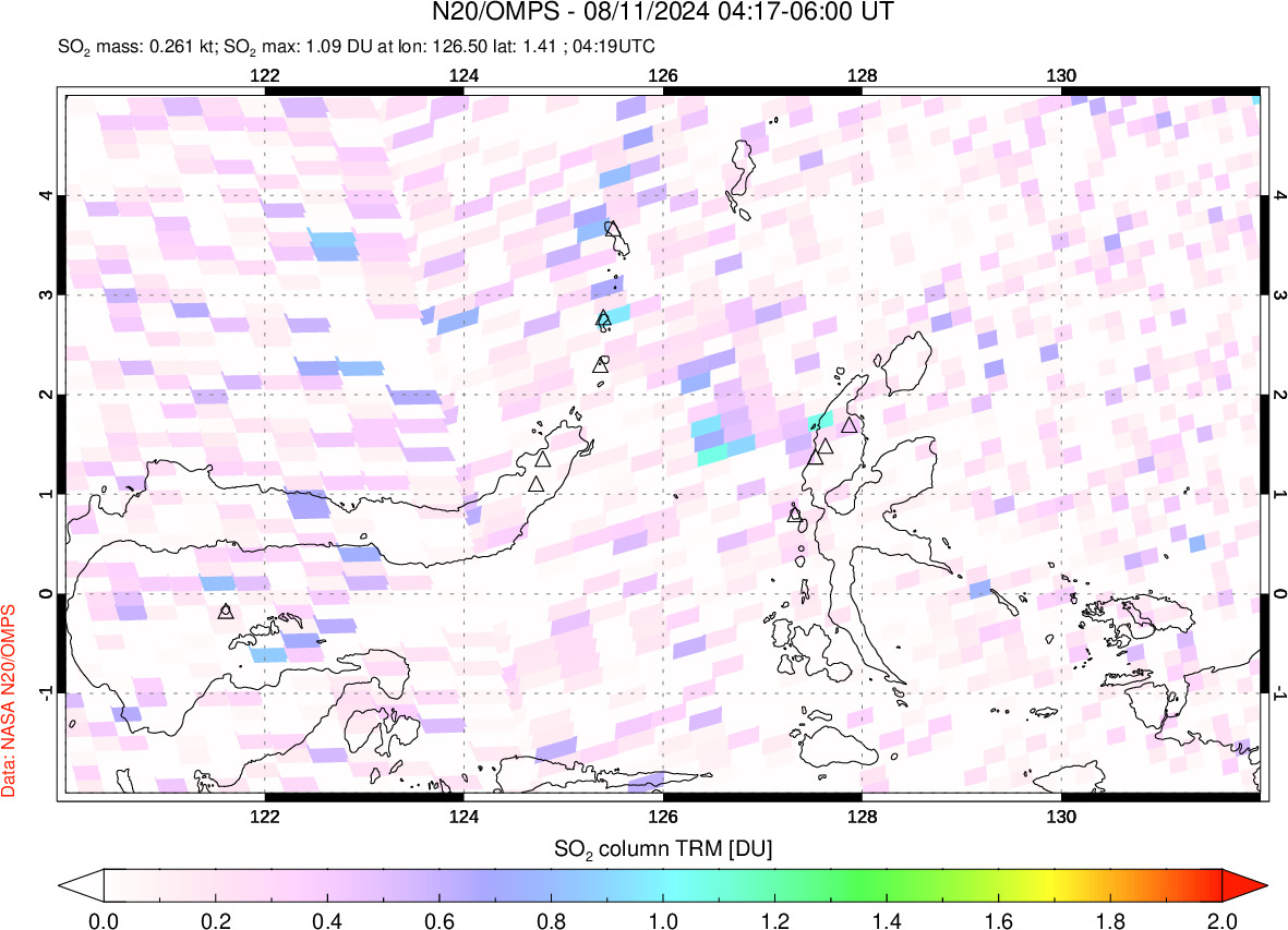 A sulfur dioxide image over Northern Sulawesi & Halmahera, Indonesia on Aug 11, 2024.