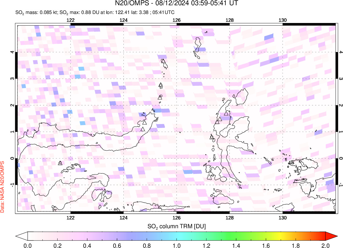 A sulfur dioxide image over Northern Sulawesi & Halmahera, Indonesia on Aug 12, 2024.