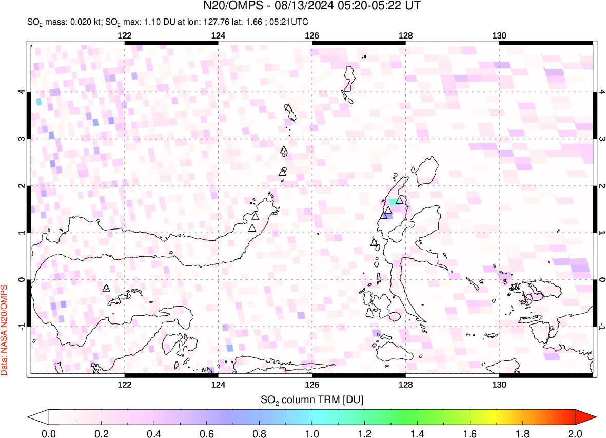 A sulfur dioxide image over Northern Sulawesi & Halmahera, Indonesia on Aug 13, 2024.