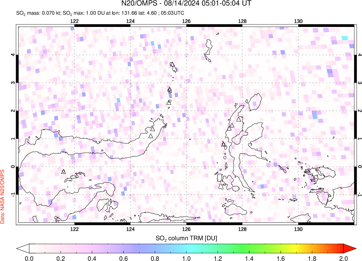 A sulfur dioxide image over Northern Sulawesi & Halmahera, Indonesia on Aug 14, 2024.