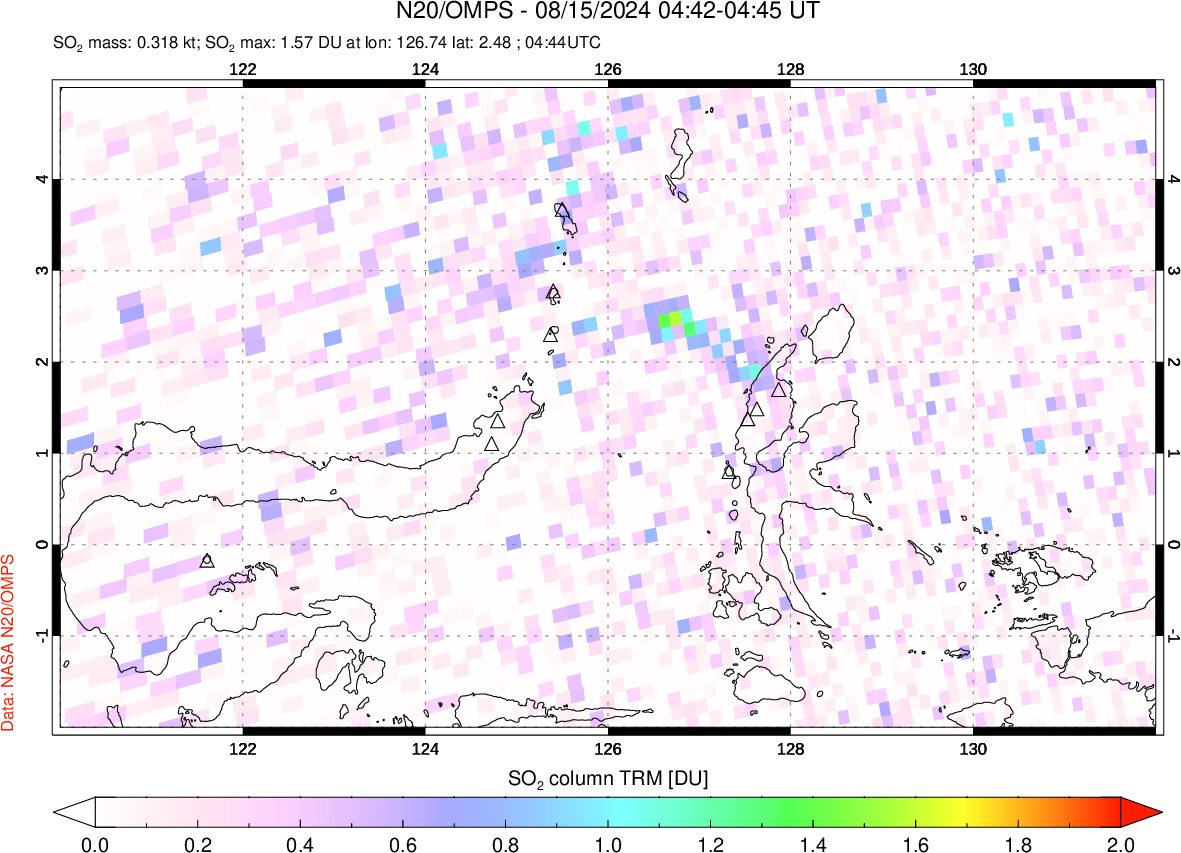 A sulfur dioxide image over Northern Sulawesi & Halmahera, Indonesia on Aug 15, 2024.