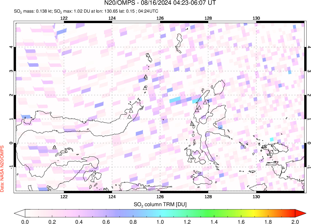 A sulfur dioxide image over Northern Sulawesi & Halmahera, Indonesia on Aug 16, 2024.