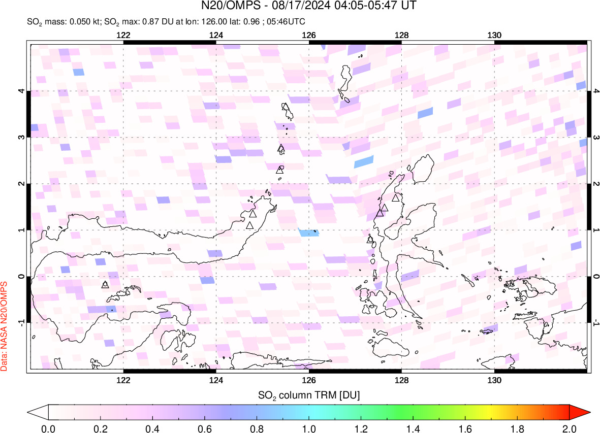 A sulfur dioxide image over Northern Sulawesi & Halmahera, Indonesia on Aug 17, 2024.