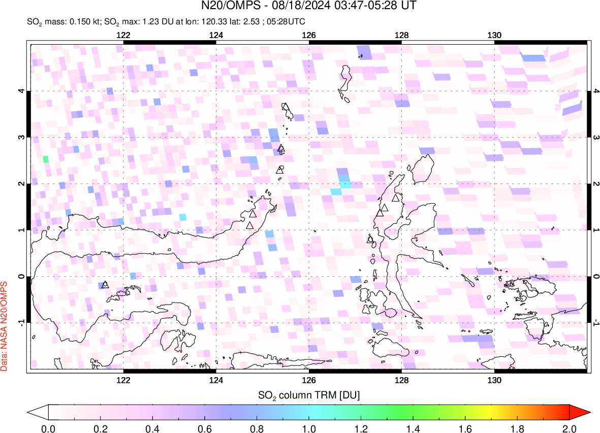 A sulfur dioxide image over Northern Sulawesi & Halmahera, Indonesia on Aug 18, 2024.