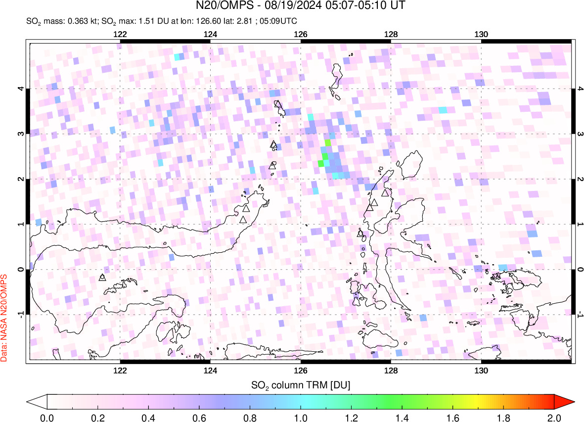 A sulfur dioxide image over Northern Sulawesi & Halmahera, Indonesia on Aug 19, 2024.