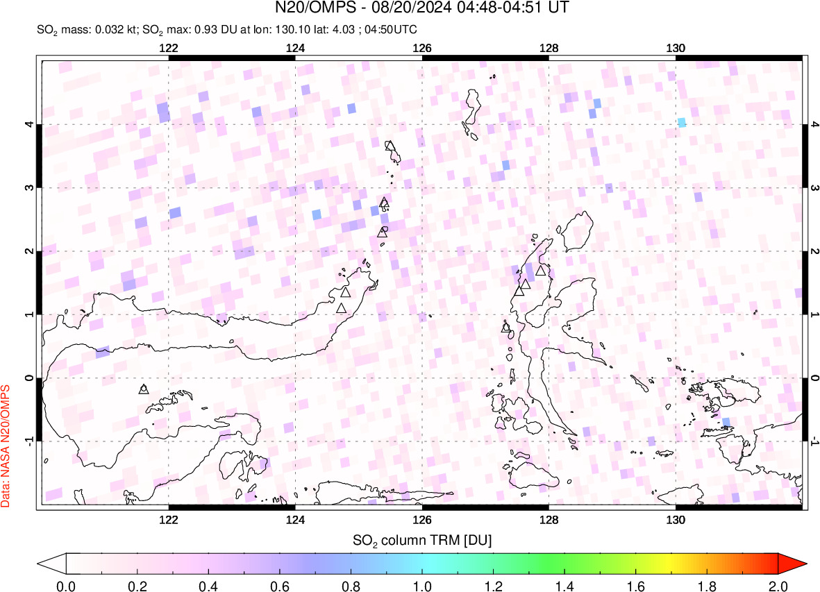 A sulfur dioxide image over Northern Sulawesi & Halmahera, Indonesia on Aug 20, 2024.