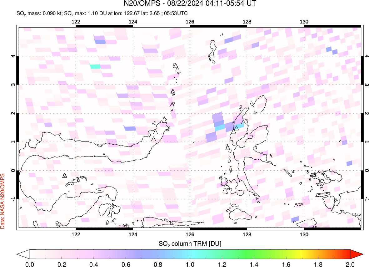 A sulfur dioxide image over Northern Sulawesi & Halmahera, Indonesia on Aug 22, 2024.