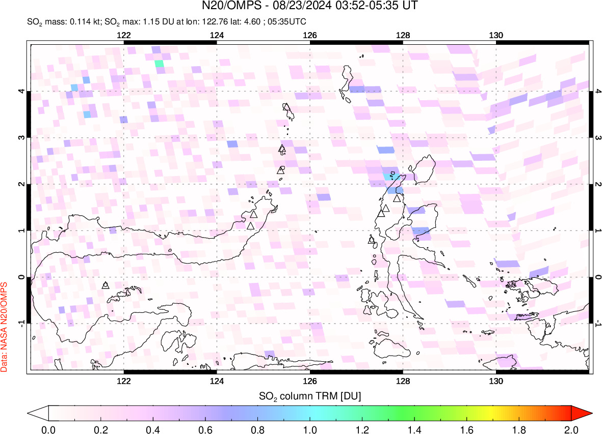 A sulfur dioxide image over Northern Sulawesi & Halmahera, Indonesia on Aug 23, 2024.