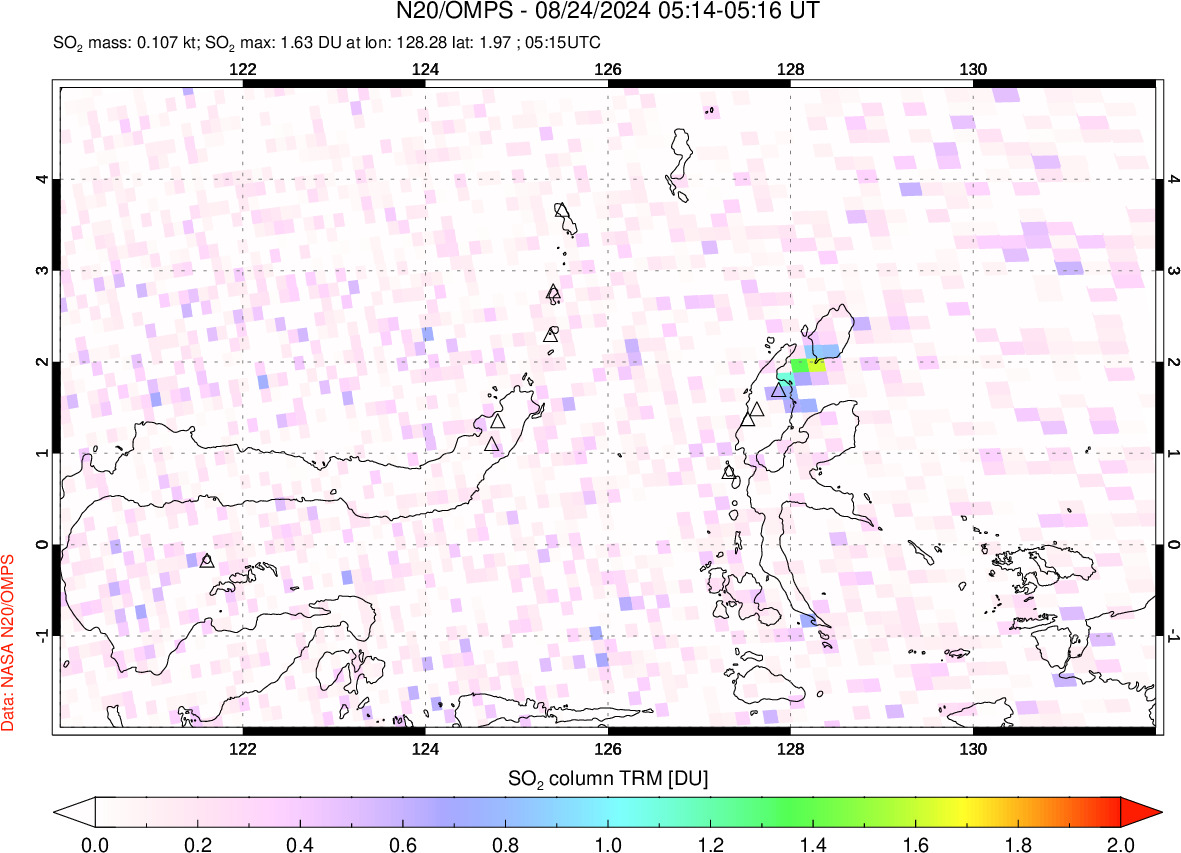 A sulfur dioxide image over Northern Sulawesi & Halmahera, Indonesia on Aug 24, 2024.