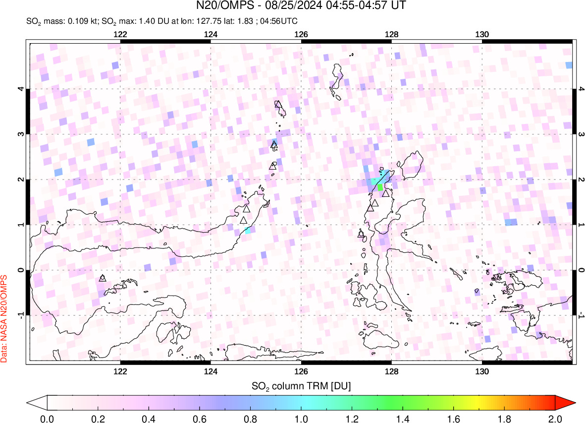 A sulfur dioxide image over Northern Sulawesi & Halmahera, Indonesia on Aug 25, 2024.