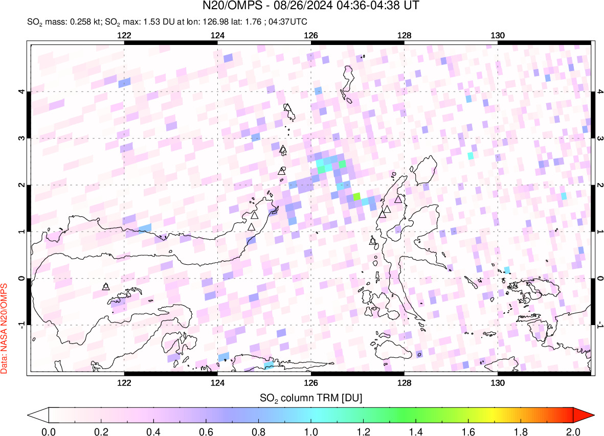 A sulfur dioxide image over Northern Sulawesi & Halmahera, Indonesia on Aug 26, 2024.