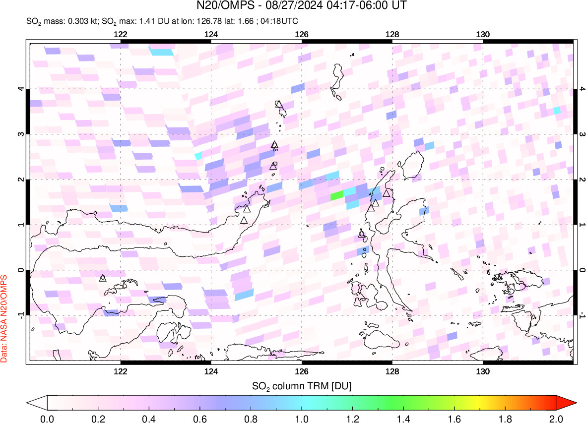 A sulfur dioxide image over Northern Sulawesi & Halmahera, Indonesia on Aug 27, 2024.