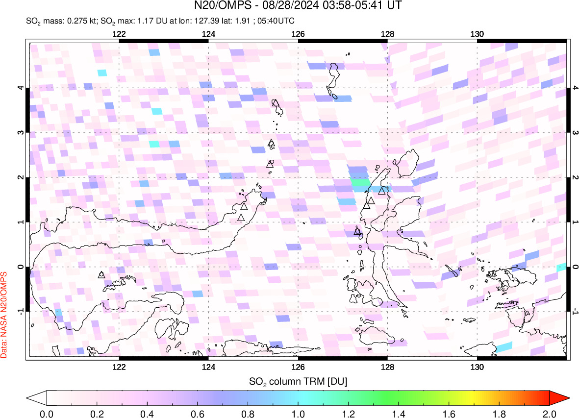 A sulfur dioxide image over Northern Sulawesi & Halmahera, Indonesia on Aug 28, 2024.