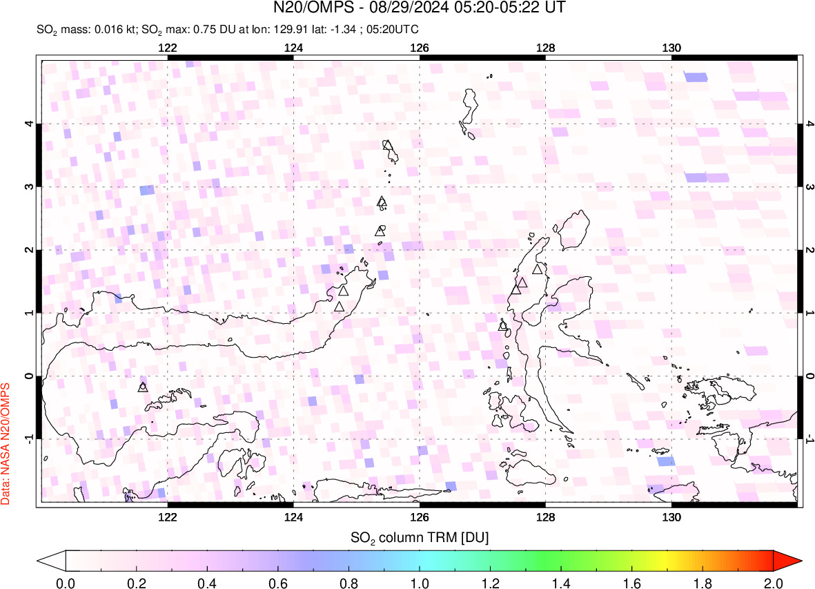 A sulfur dioxide image over Northern Sulawesi & Halmahera, Indonesia on Aug 29, 2024.