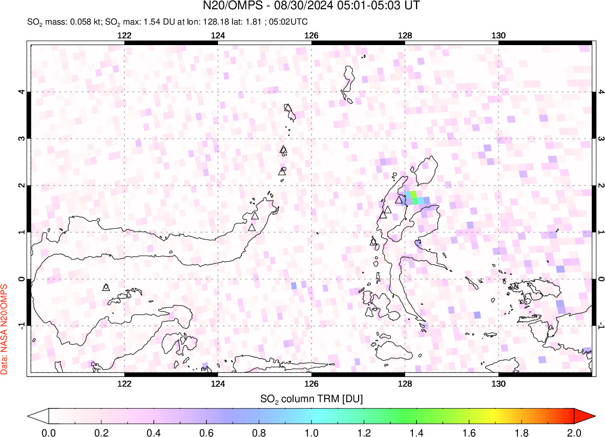 A sulfur dioxide image over Northern Sulawesi & Halmahera, Indonesia on Aug 30, 2024.