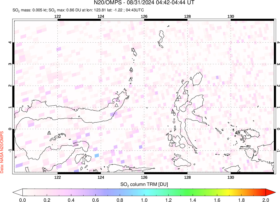 A sulfur dioxide image over Northern Sulawesi & Halmahera, Indonesia on Aug 31, 2024.