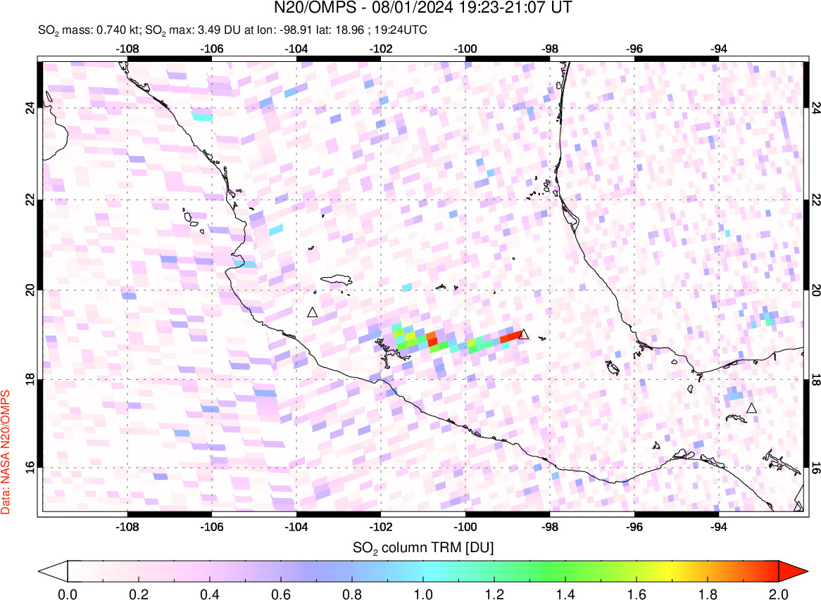 A sulfur dioxide image over Mexico on Aug 01, 2024.