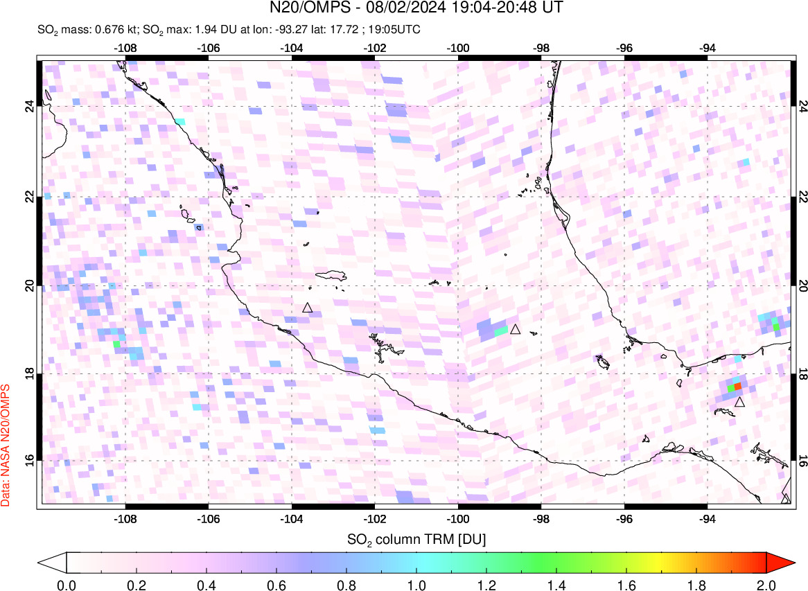 A sulfur dioxide image over Mexico on Aug 02, 2024.