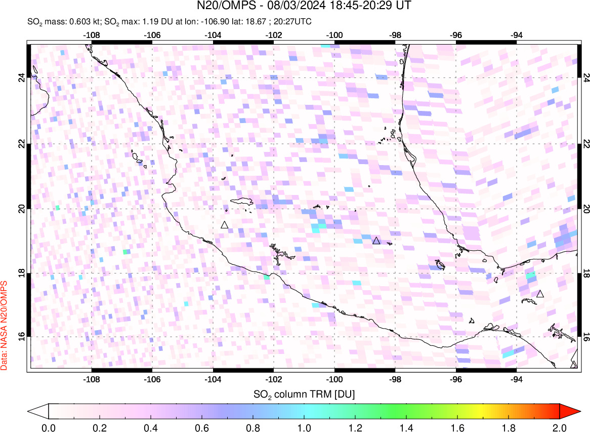 A sulfur dioxide image over Mexico on Aug 03, 2024.