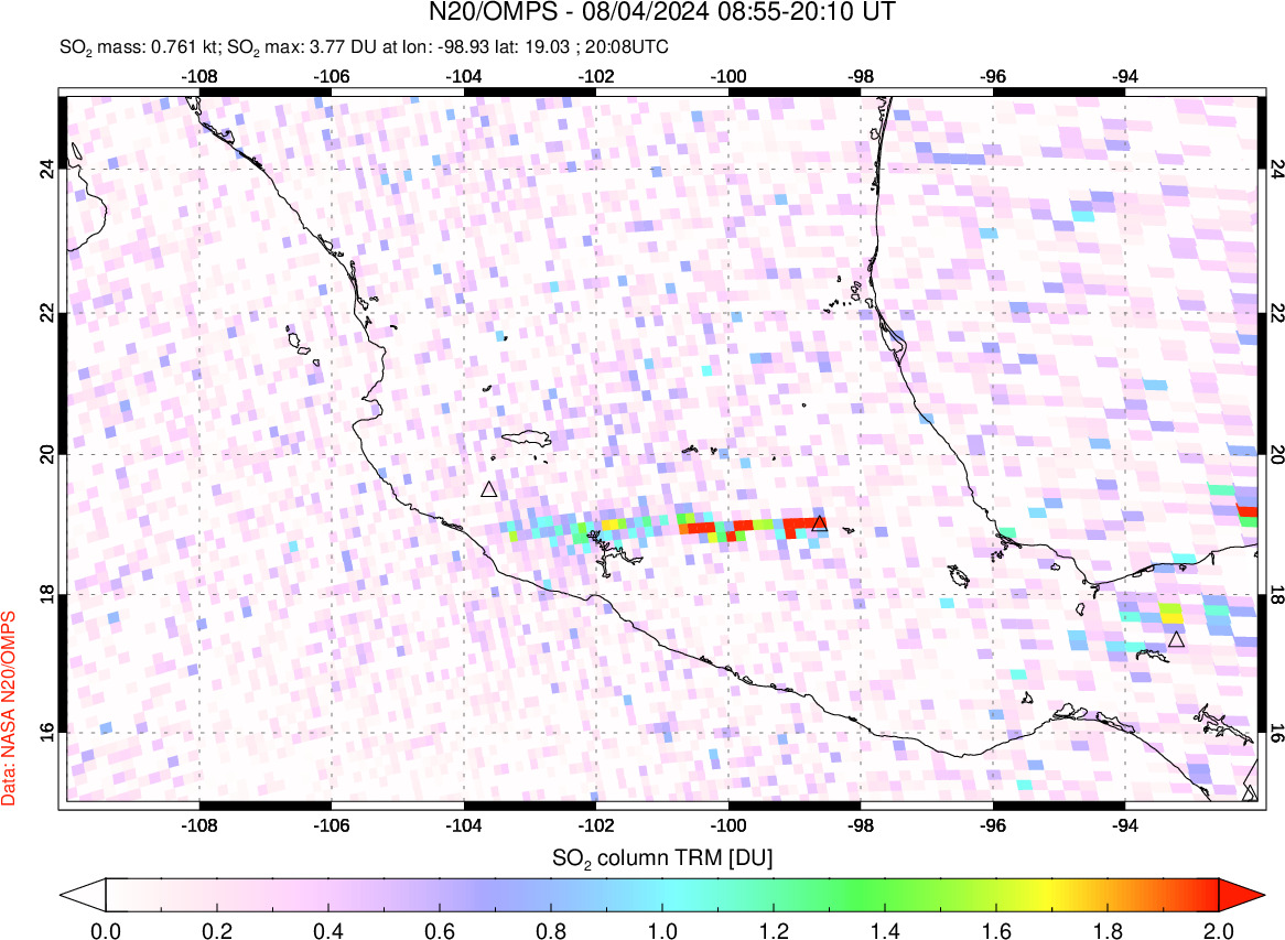 A sulfur dioxide image over Mexico on Aug 04, 2024.