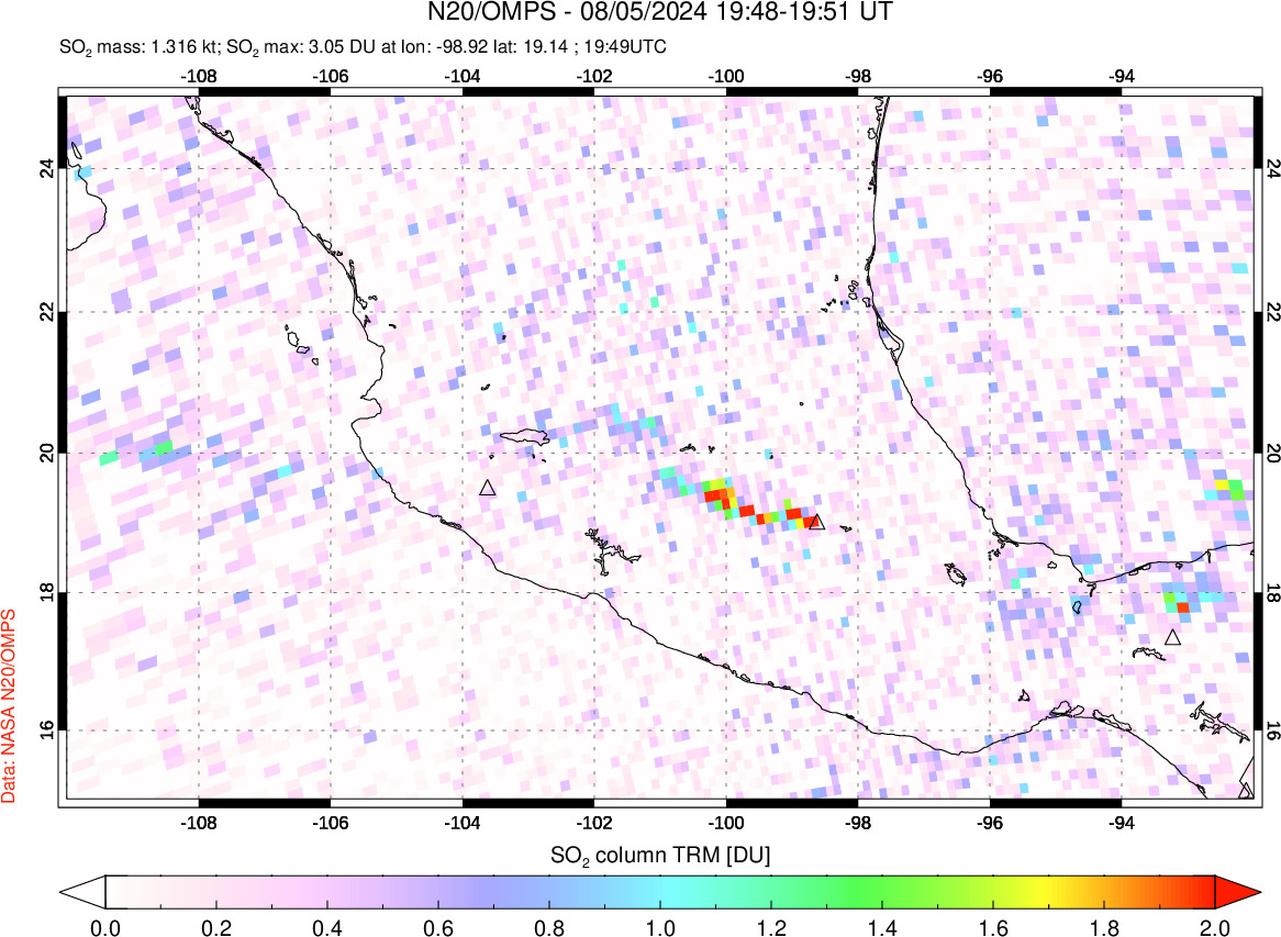 A sulfur dioxide image over Mexico on Aug 05, 2024.