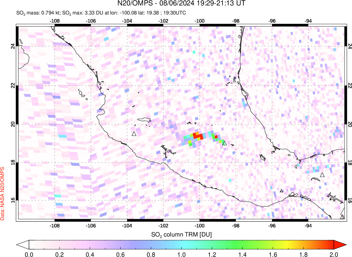 A sulfur dioxide image over Mexico on Aug 06, 2024.