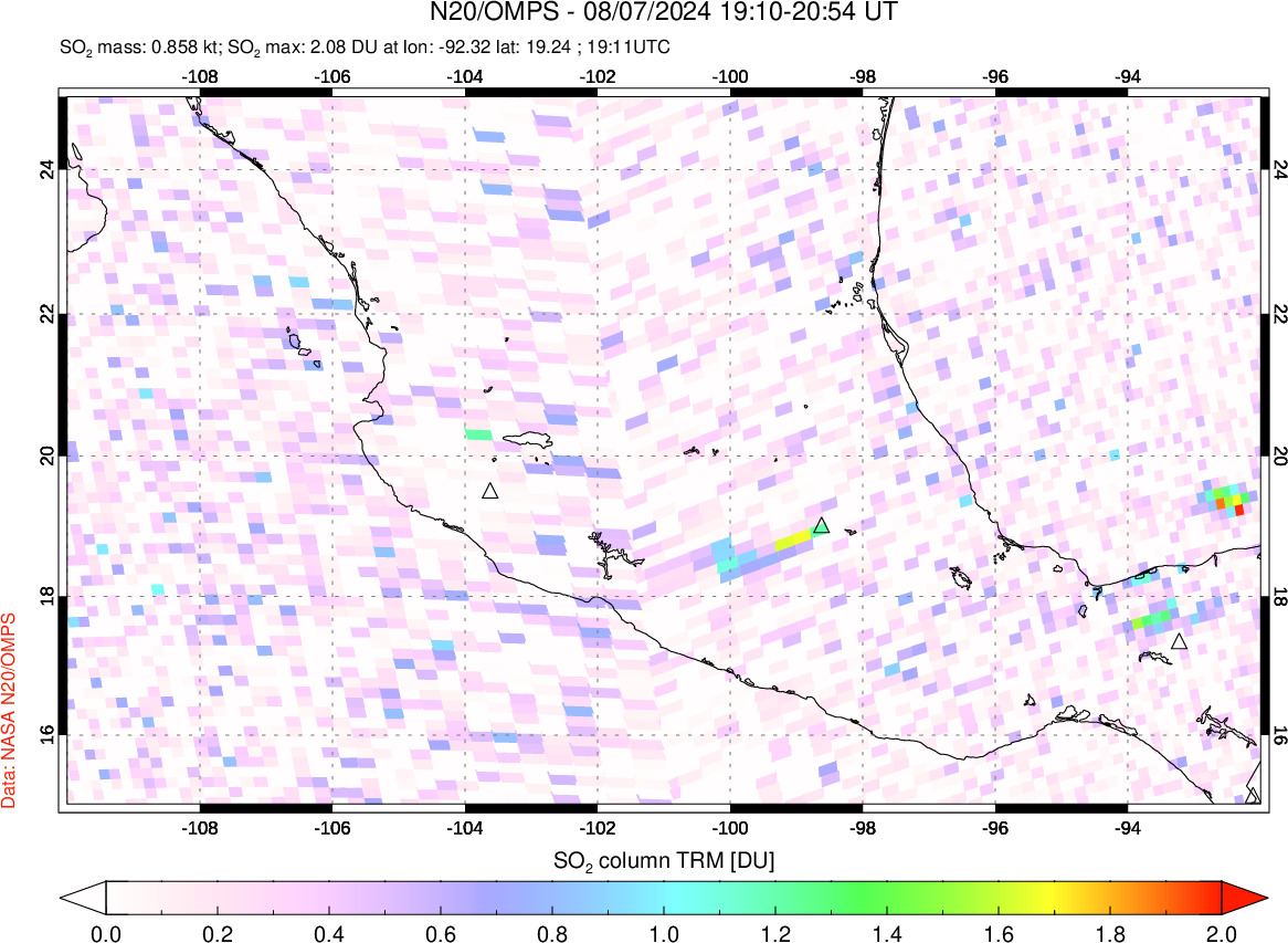 A sulfur dioxide image over Mexico on Aug 07, 2024.